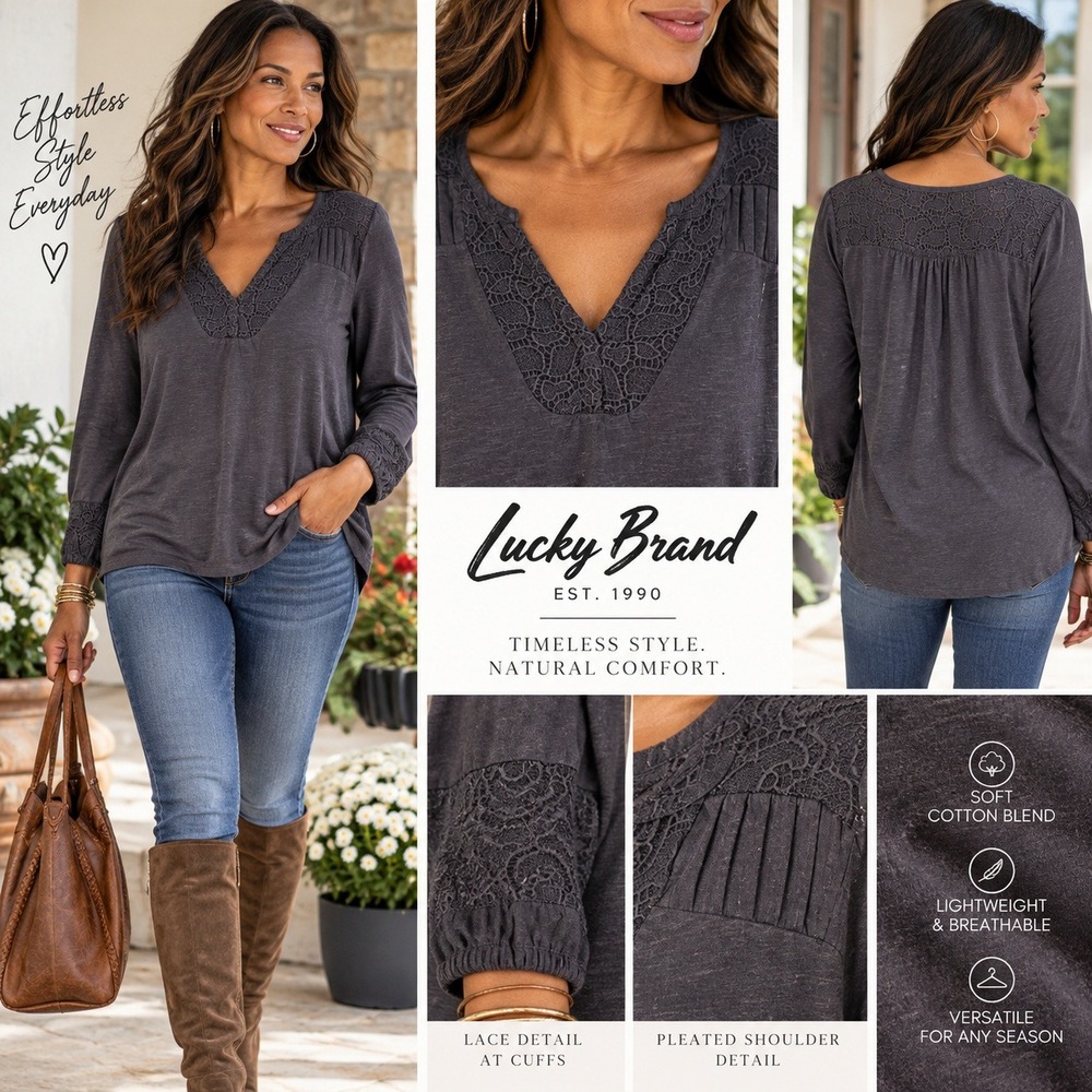 Lucky Brand 7W61927 Charcoal Gray Long Sleeve Lace Panel Henley Top Blouse L